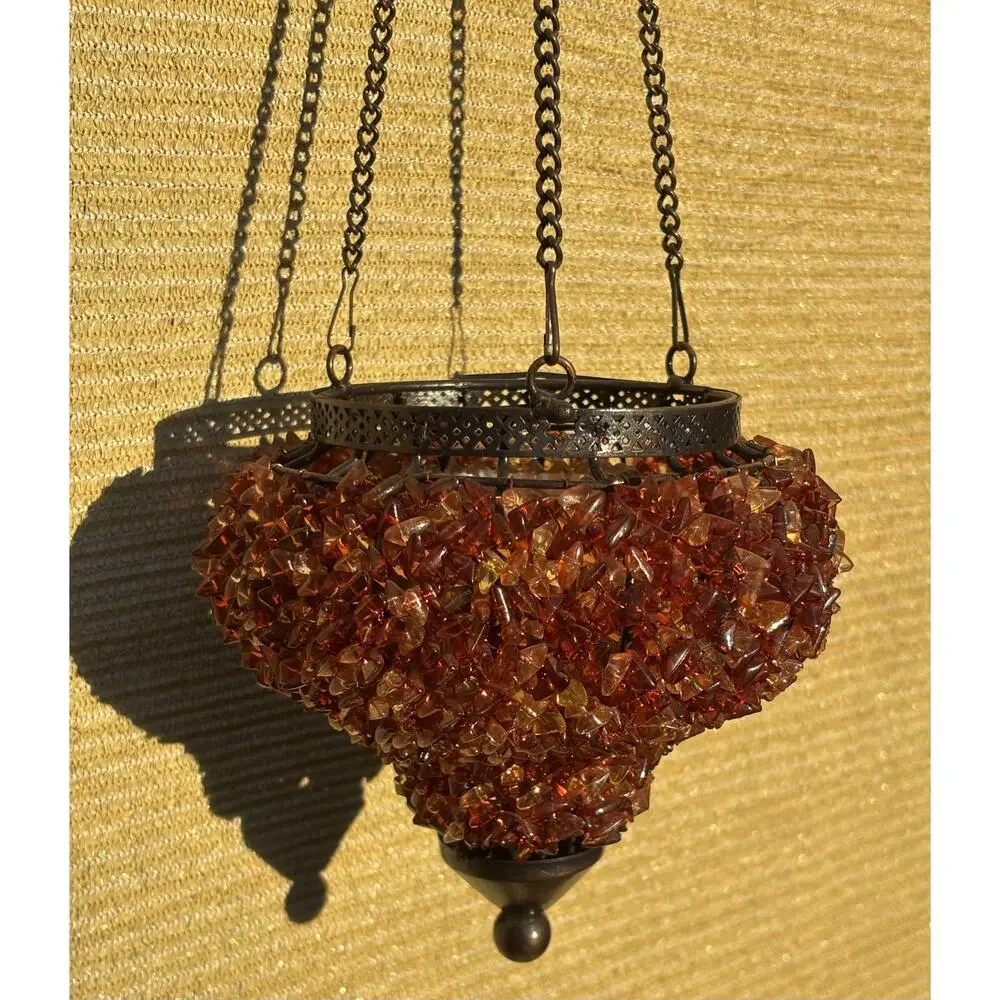 Vintage Hanging TeaLight Candle Holder Amber Glass Beads Metal Frame NOS New